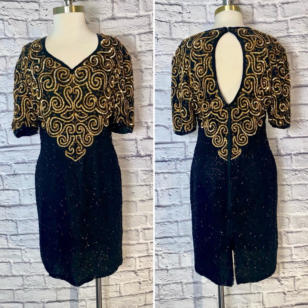 Vintage ✨ Silk Beaded Cocktail Dress. Party Dress. Black & Gold. Size Medium.